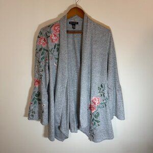 INC Womens Size M Gray Floral Open Cardigan Short Bell Sleeve Embroidered